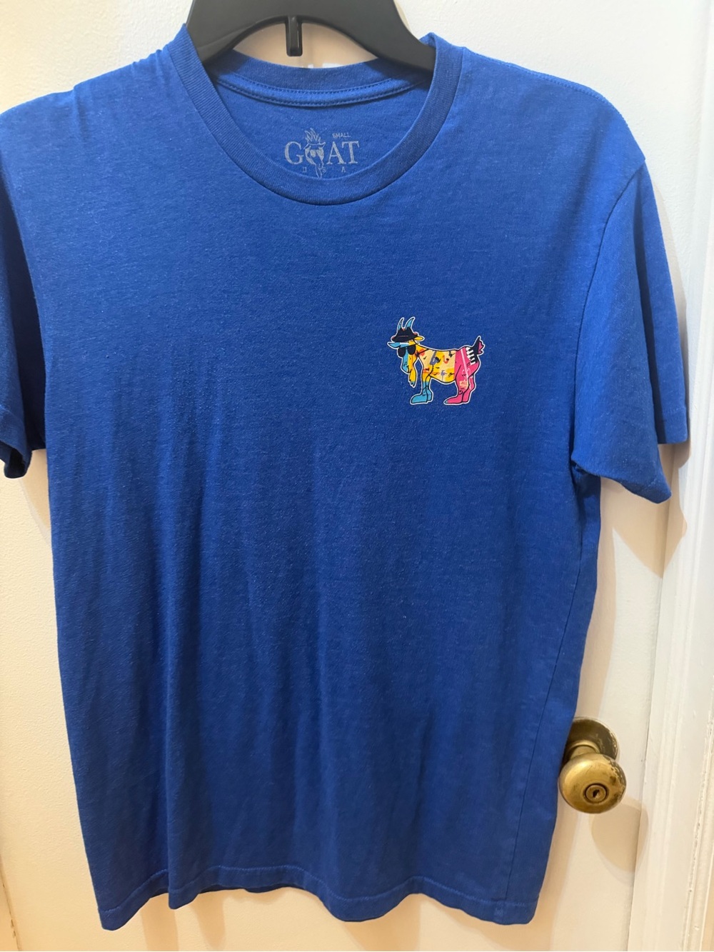 Goat Logo Blue Crewneck Tee with Colorful Goat
